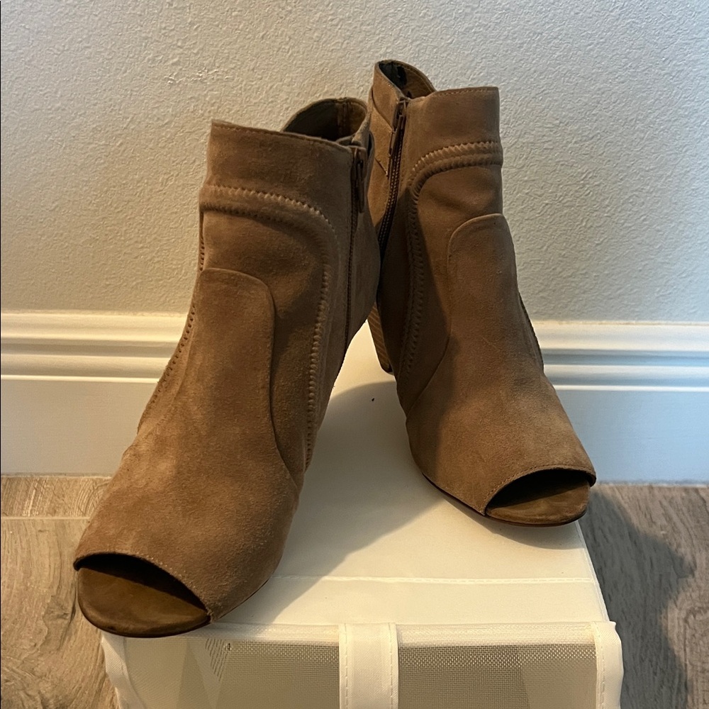 Vince Camuto Tan Suede Peep-Toe Ankle Booties
